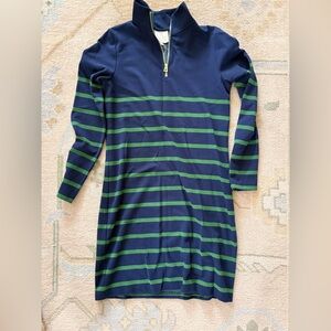 Sail to Sable Navy and Green Striped Long Sleeve Dress with Zip Neck